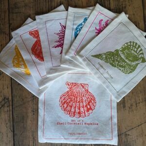 TWOS COMPANY Set 6 Cotton Shell Cocktail Napkins Coastal Beach Entertaining